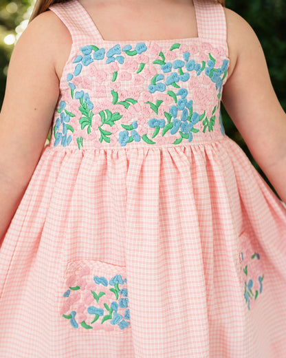 Pink Gingham Seersucker Embroidered Fiesta Dress