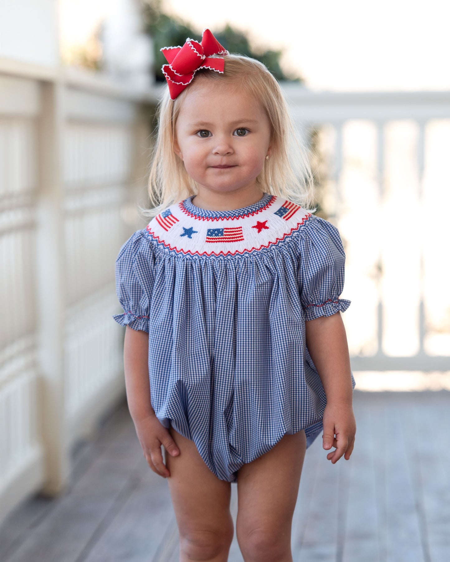 Girl's Navy Gingham Smocked Flag And Star Bubble