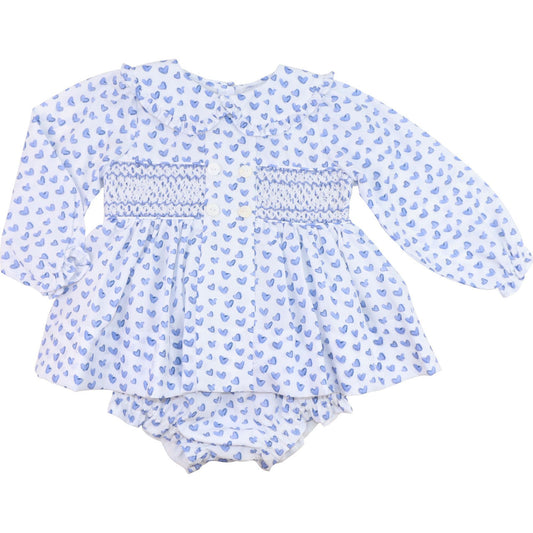 Blue Heart Print Smocked Diaper Set