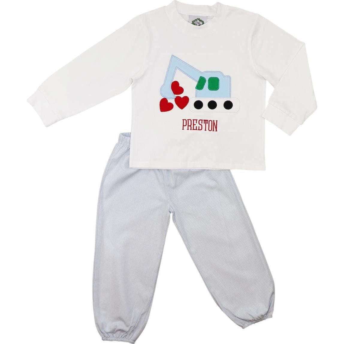 Blue Gingham Applique Valentine Excavator Ankle Pant Set