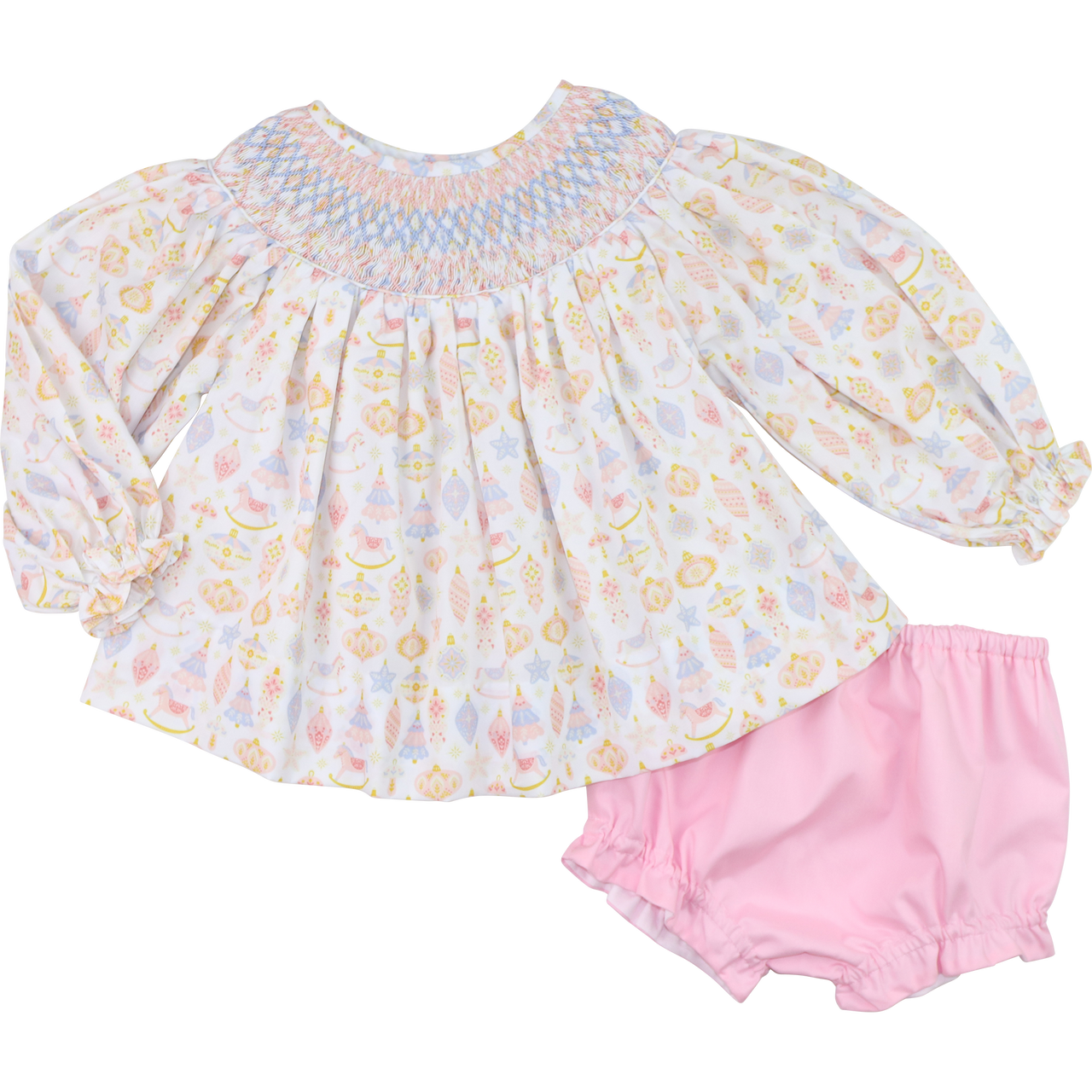 Pink And Blue Smocked Christmas Ornaments Diaper Set