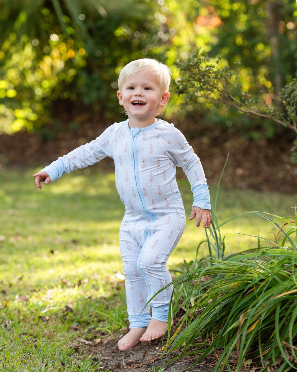 Blue Check Bunny Bamboo Knit Zipper Pajamas