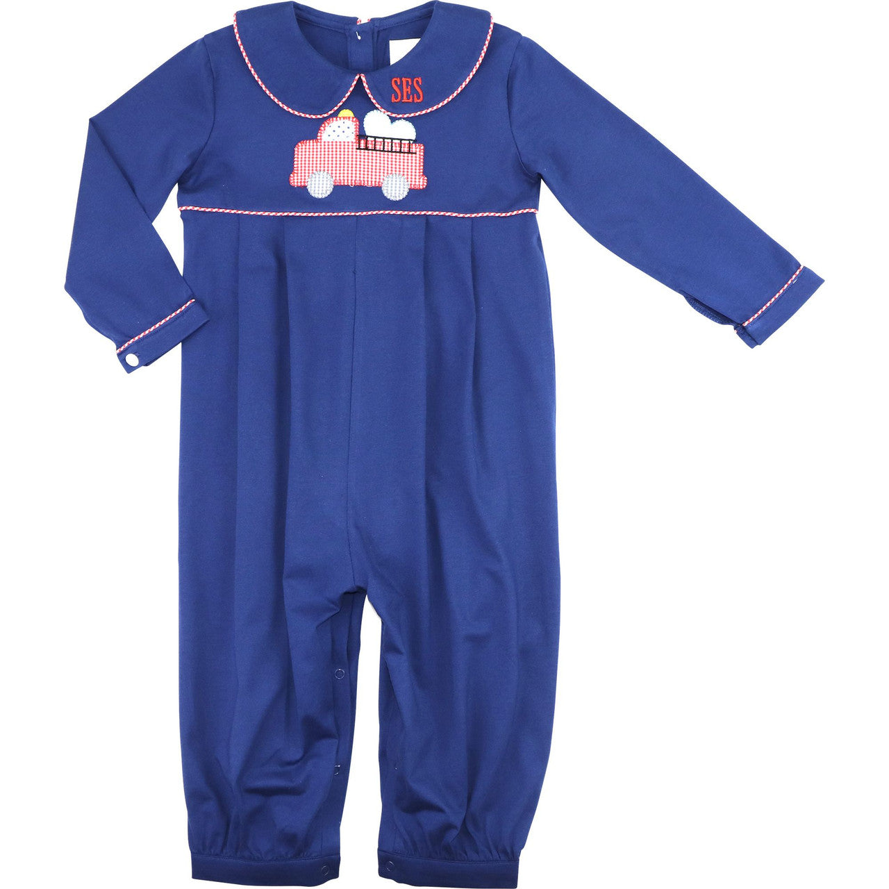 Navy Knit Applique Valentine Firetruck Long Romper