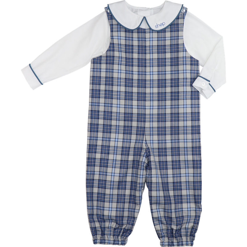 Navy And Blue Plaid Long Romper Set