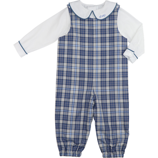 Navy And Blue Plaid Long Romper Set