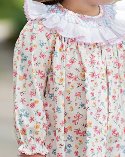 Pink And Blue Floral Smocked Ruffled Collar Dress