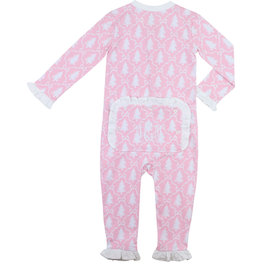 Pink And White Christmas Tree Knit Zipper Pajamas