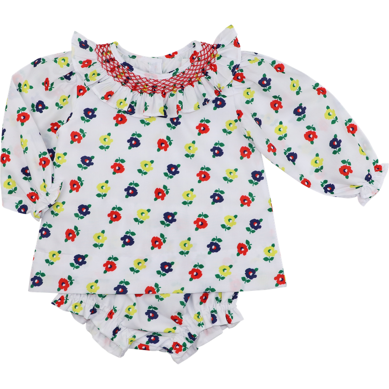 Red Smocked Flower Print Diaper Set