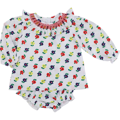 Red Smocked Flower Print Diaper Set