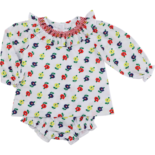 Red Smocked Flower Print Diaper Set