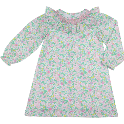 Green And Pink Floral Smocked Dress