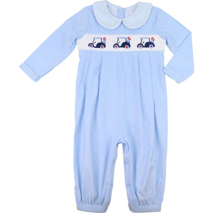 Blue Corduroy Smocked Valentine Golf Cart Long Romper