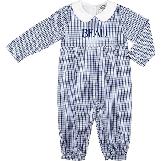 Navy And Blue Windowpane Long Romper