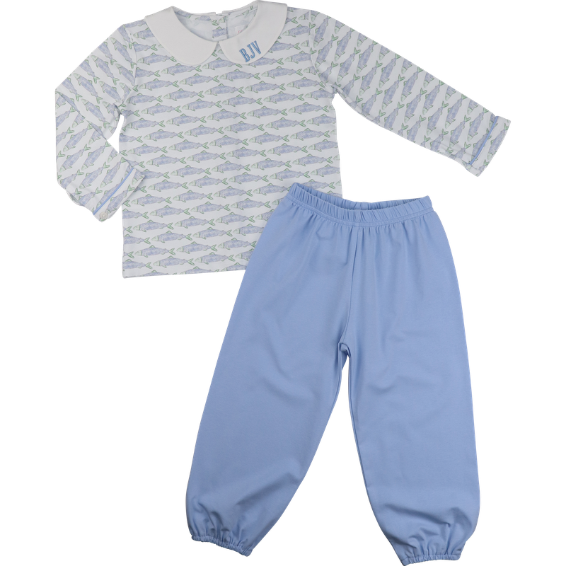 Blue And Green Trout Print Knit Pant Set