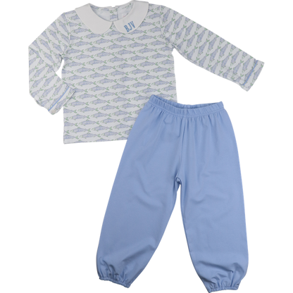 Blue And Green Trout Print Knit Pant Set