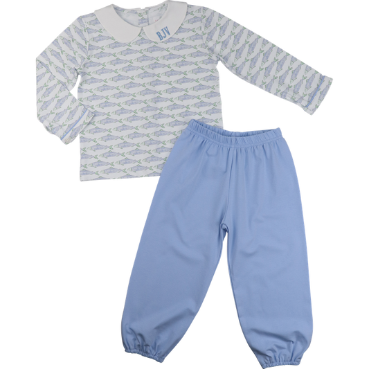 Blue And Green Trout Print Knit Pant Set