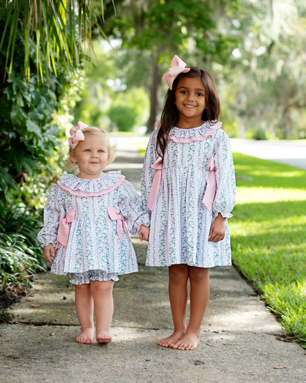 Pink And Green Floral Vines Bow Dress