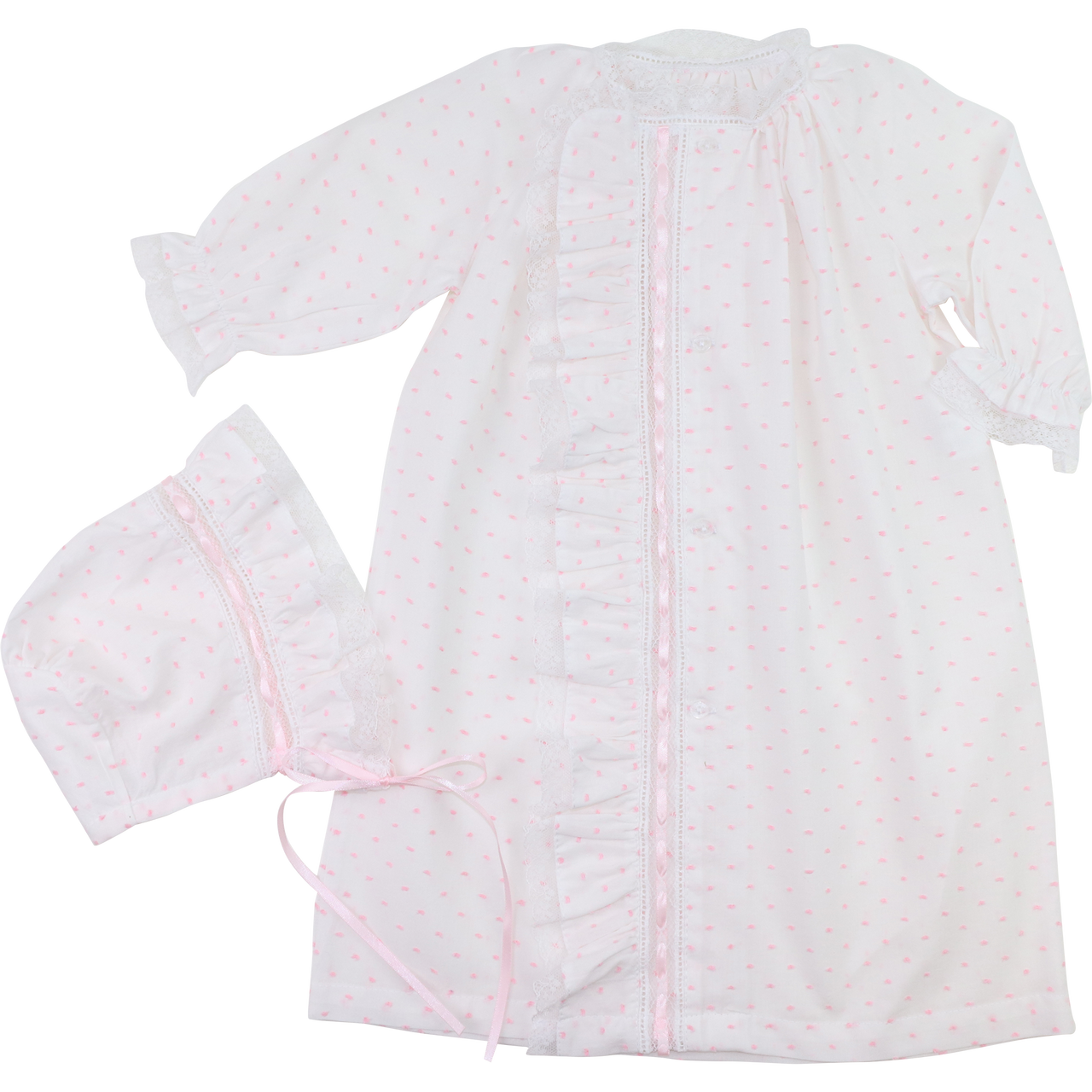 Pink Swiss Dot Heirloom Ribbon Baby Gown And Bonnet