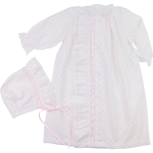 Pink Swiss Dot Heirloom Ribbon Baby Gown And Bonnet