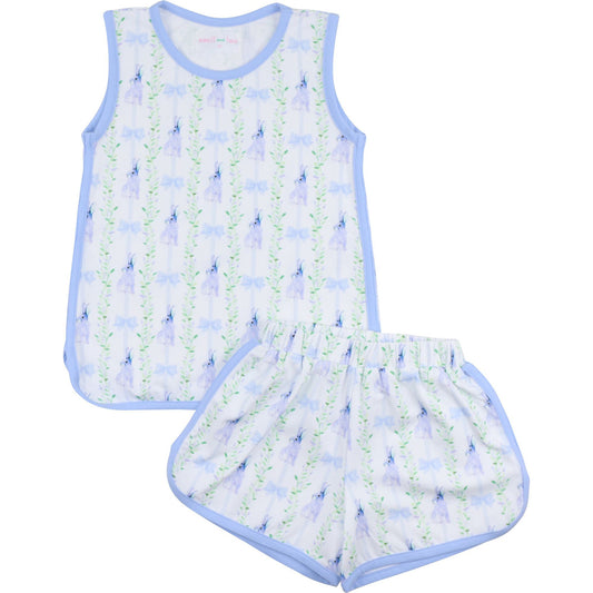 Blue Bunny And Bow Knit Short Set