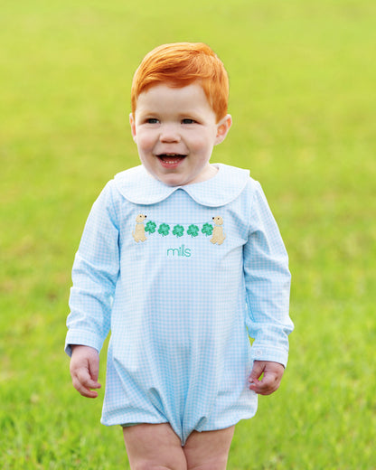 Blue Gingham Knit Shamrock Puppies Bubble