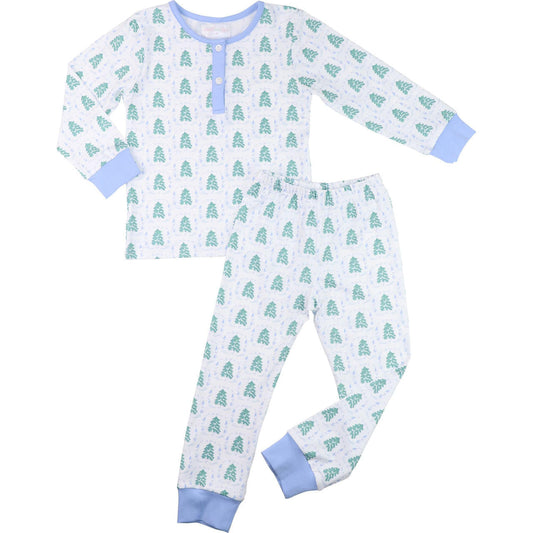 Blue And Green Christmas Tree Print Knit Pajamas - Shipping Early November  Smocked Threads