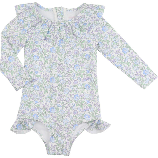 Blue And Green Floral Lycra Rashguard Swimsuit  Smocked Threads