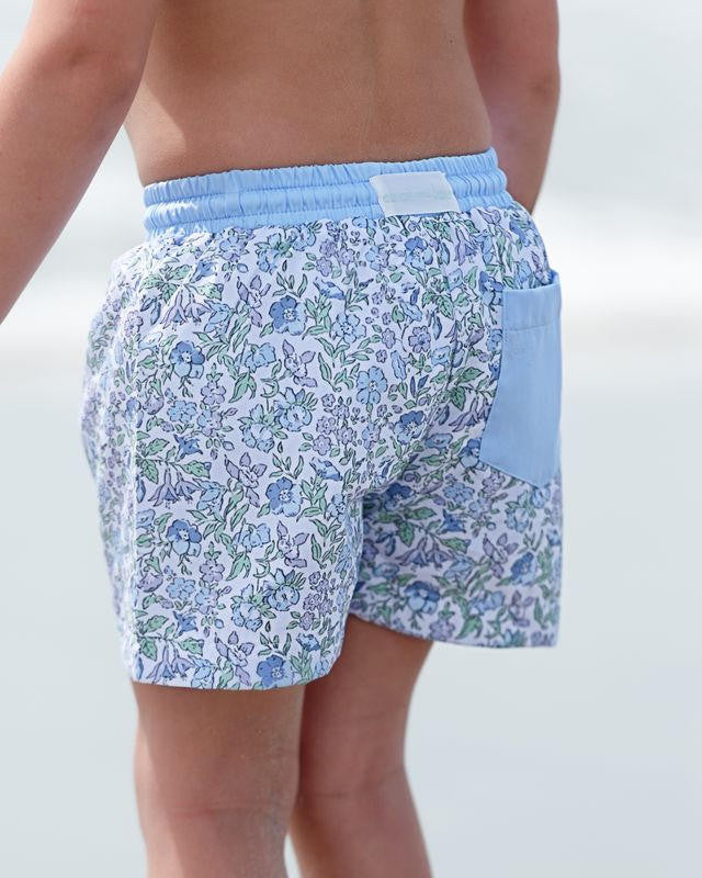 Blue And Green Floral Swim Trunks  Smocked Threads