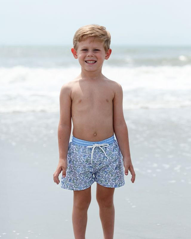 Blue And Green Floral Swim Trunks  Smocked Threads