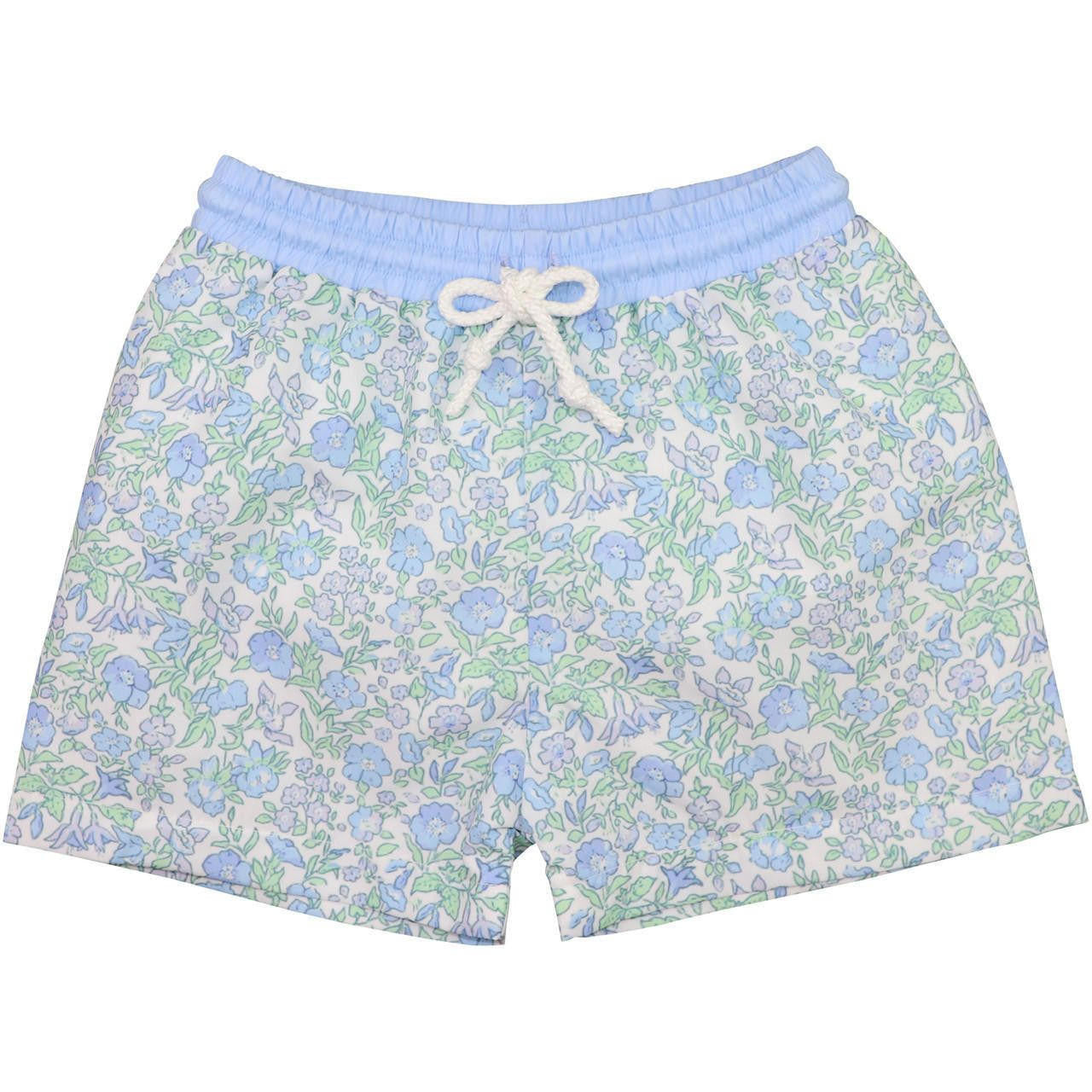 Blue And Green Floral Swim Trunks  Smocked Threads