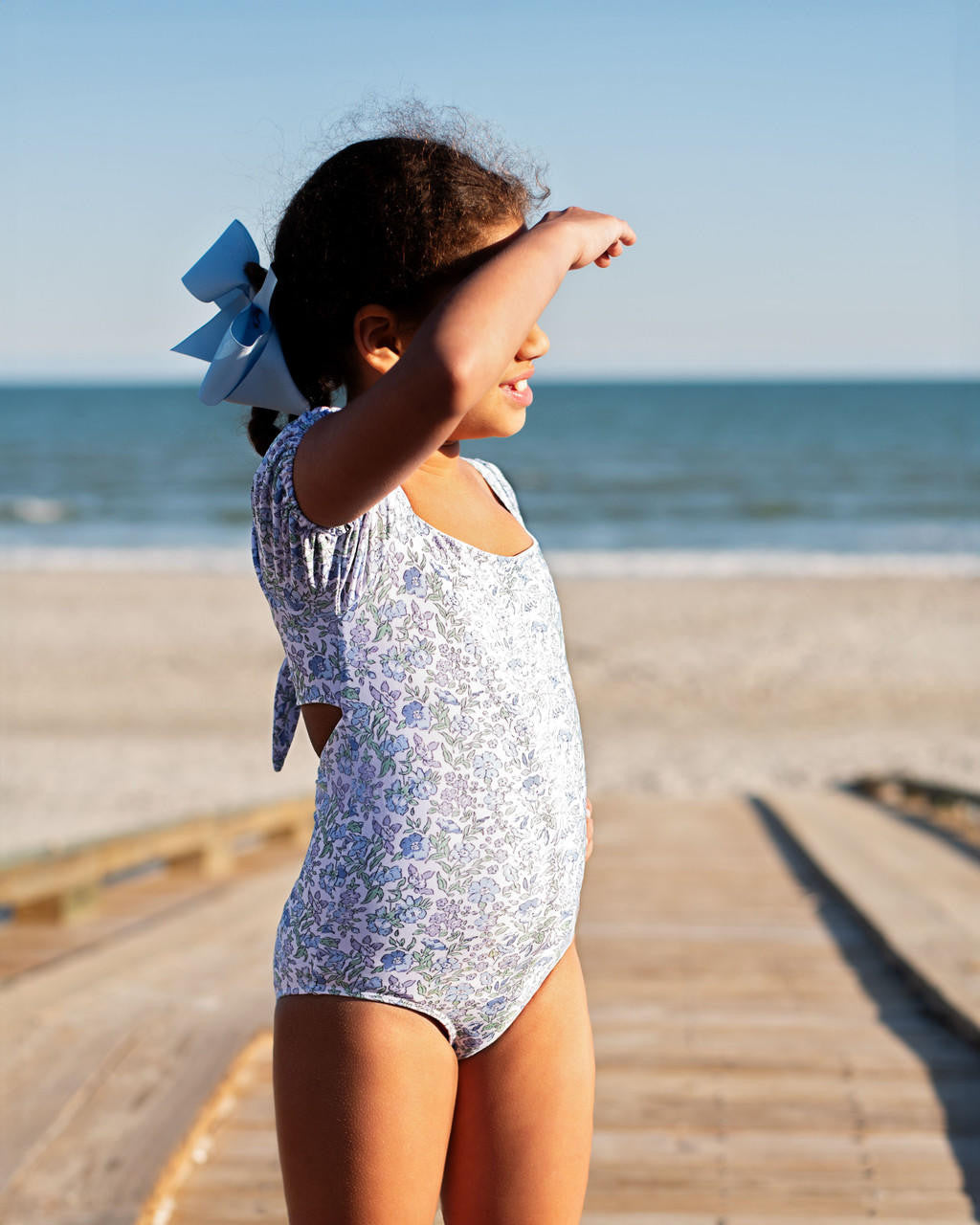 Blue And Green Floral Tie Back Lycra Swimsuit  Smocked Threads