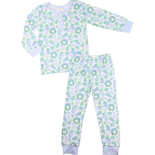 Blue And Green Holiday Print Knit Pajamas  Smocked Threads