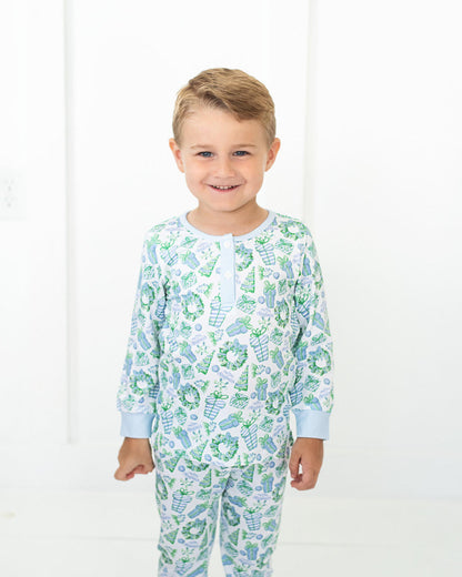 Blue And Green Holiday Print Knit Pajamas  Smocked Threads