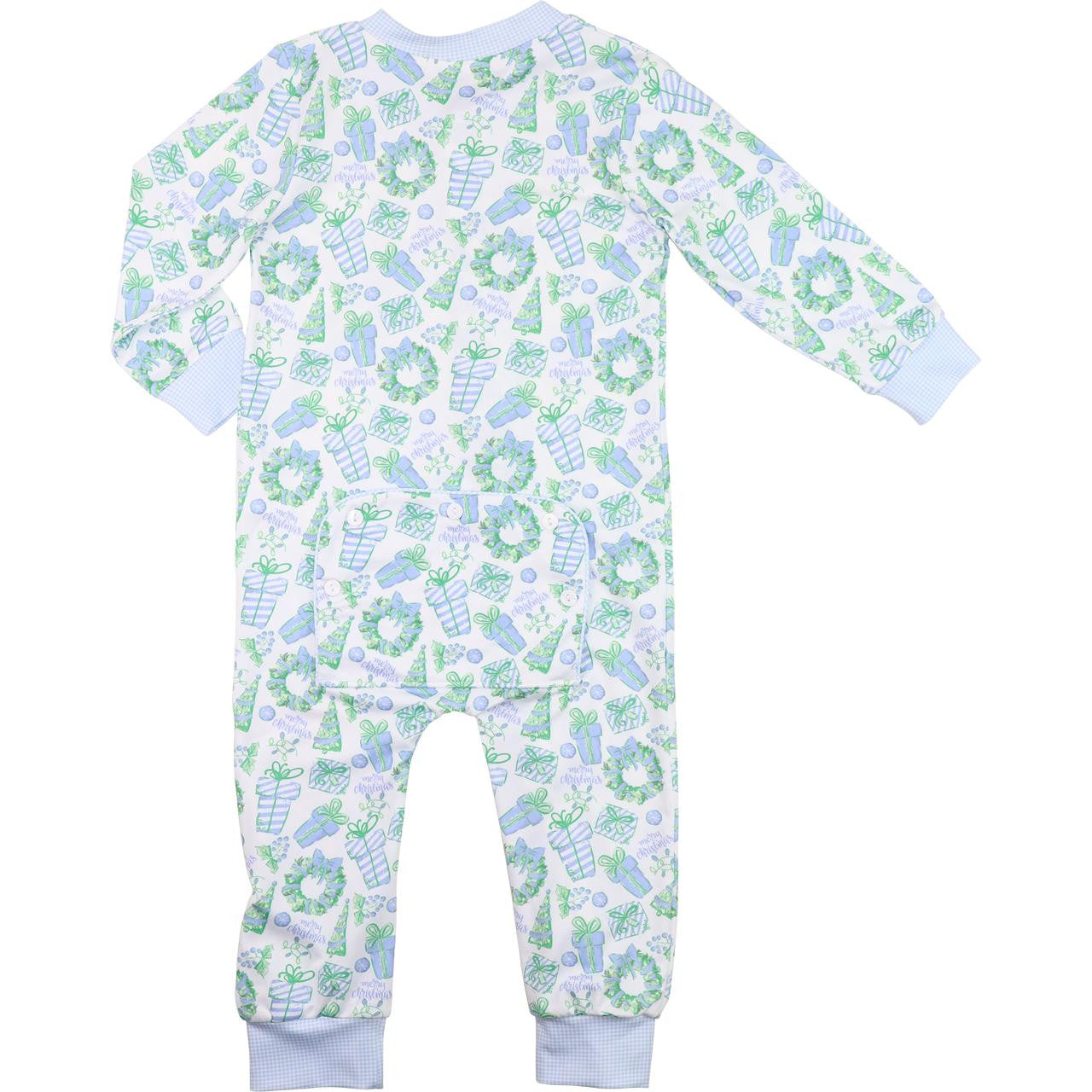 Blue And Green Holiday Print Knit Zipper Pajamas  Smocked Threads