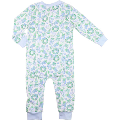 Blue And Green Holiday Print Knit Zipper Pajamas  Smocked Threads