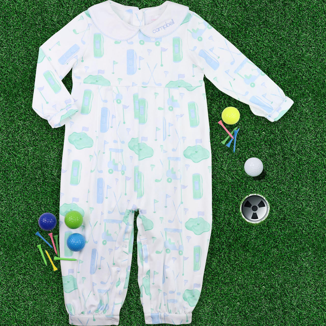 Blue And Green Knit Golf Long Romper  Monogram