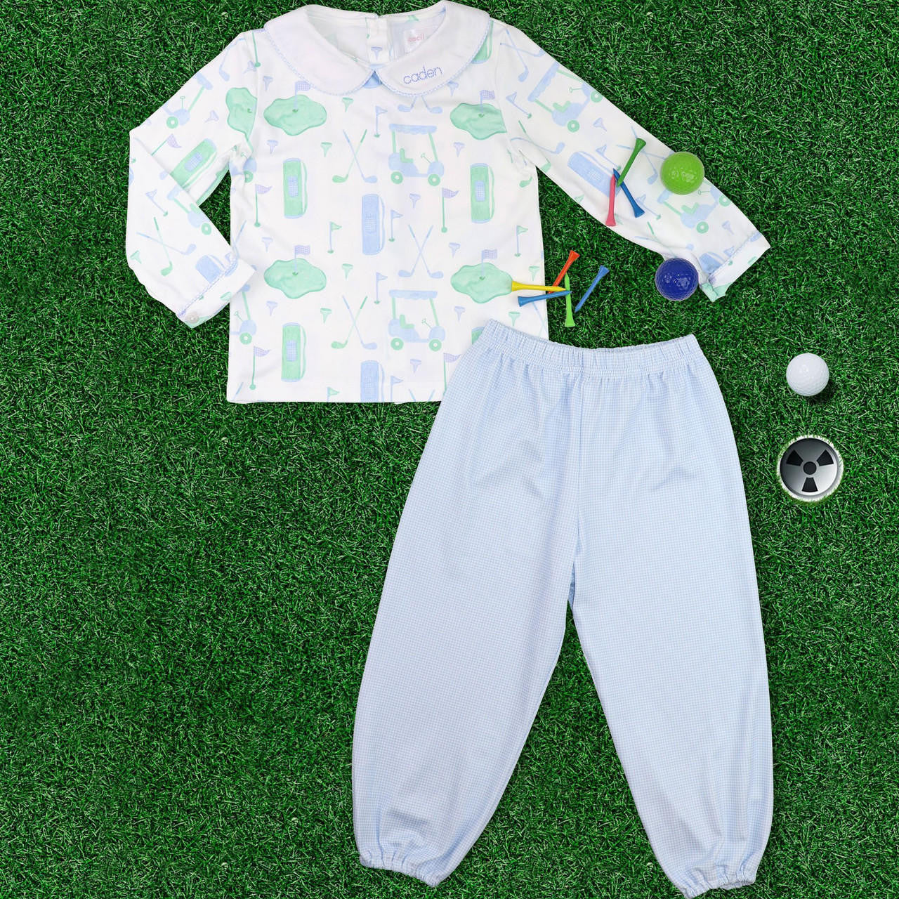 Blue And Green Knit Golf Pant Set  Monogram