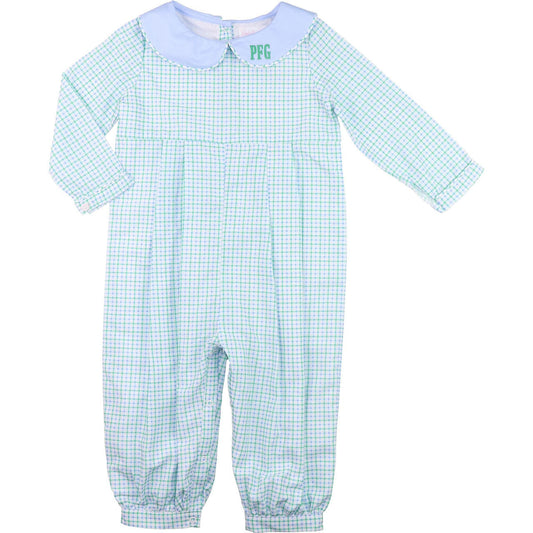 Blue And Green Windowpane Long Romper - Shipping Mid October  Monogram