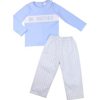 Blue And Khaki Windowpane Smocked Big Brother Pant Set  Smocked Threads