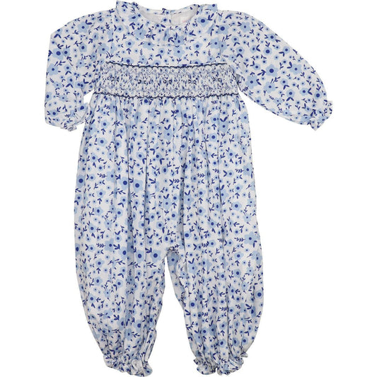 Blue And Navy Floral Smocked Long Bubble - Shipping Early October  Smocked Threads