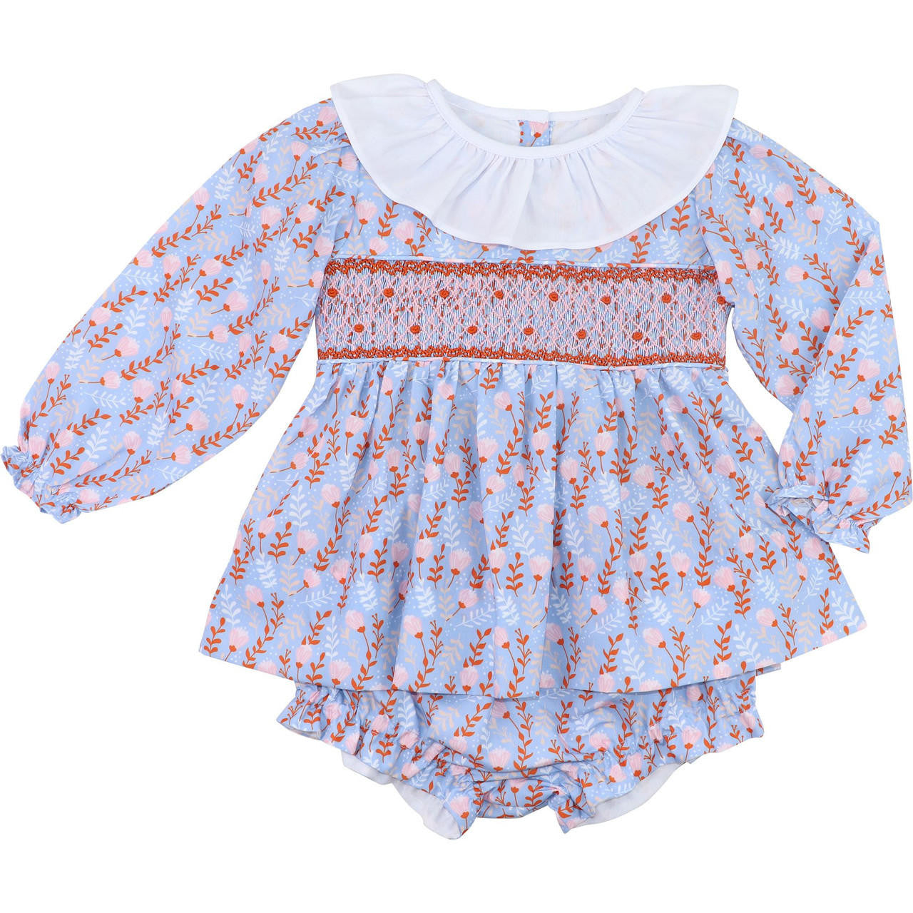 Blue And Orange Floral Smocked Rosette Diaper Set   Smocked Threads