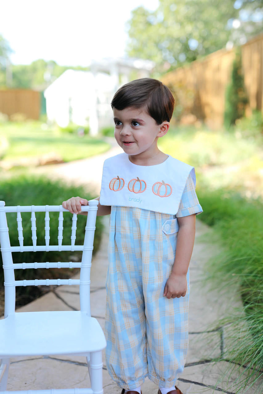 Blue And Orange Plaid Pumpkin Long Romper Monogram