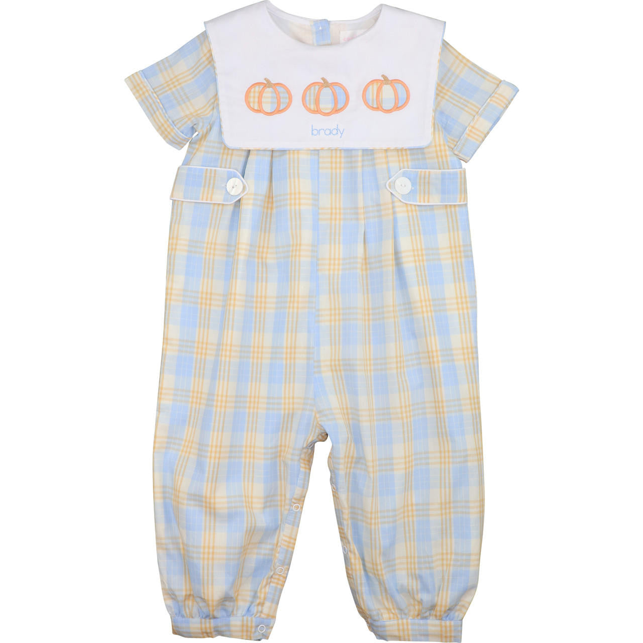 Blue And Orange Plaid Pumpkin Long Romper Monogram