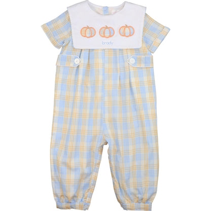 Blue And Orange Plaid Pumpkin Long Romper Monogram