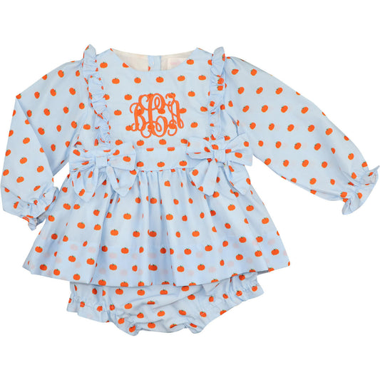 Blue And Orange Pumpkin Print Bow Diaper Set Monogram