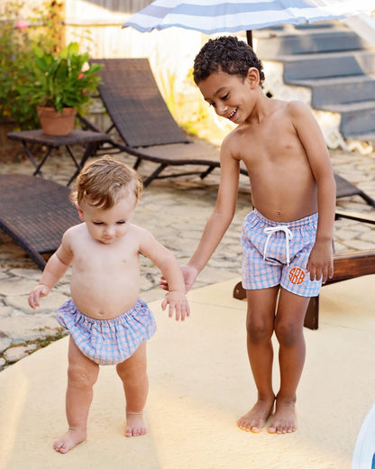 Blue And Orange Windowpane Seersucker Swim Bloomers   Monogram