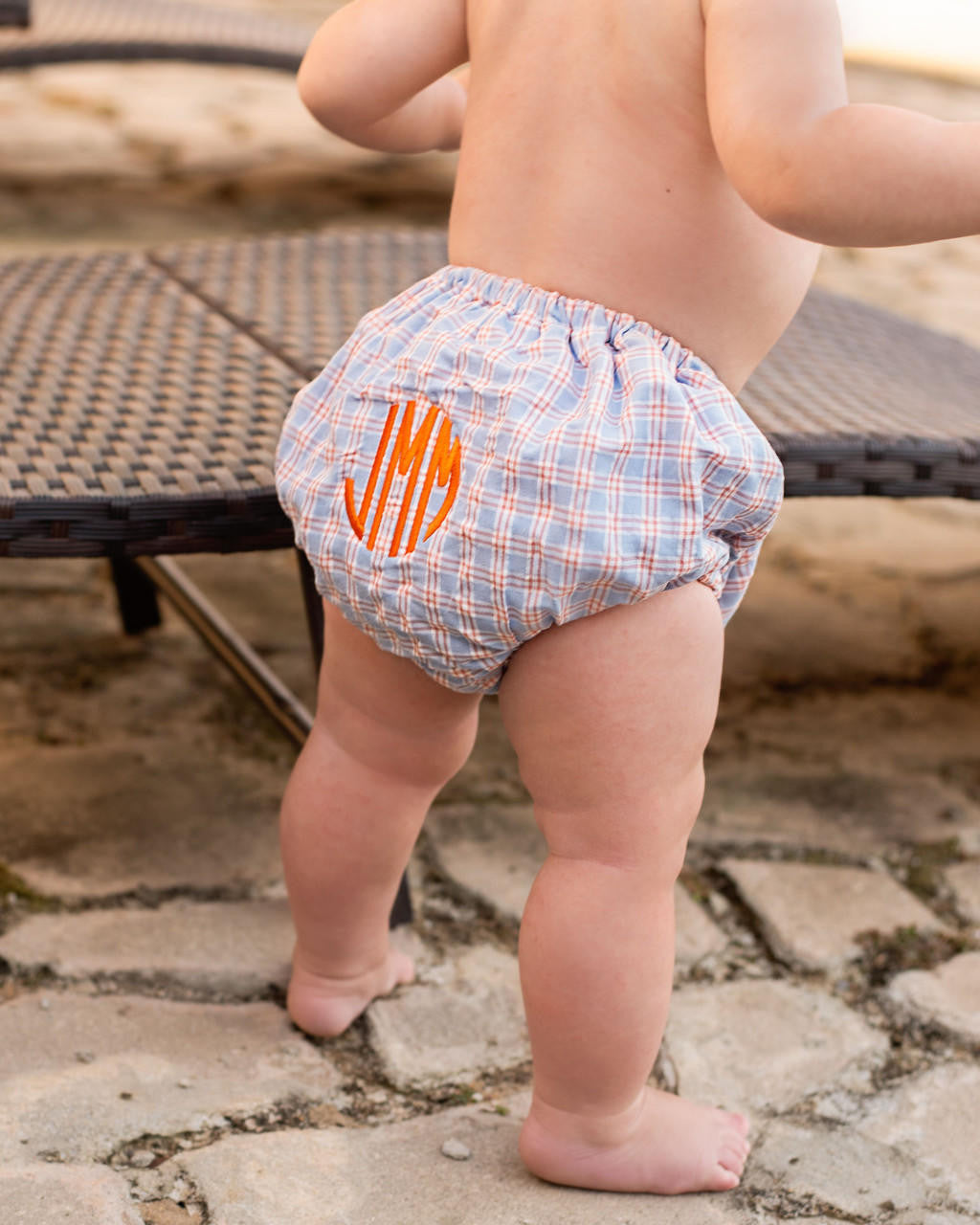 Blue And Orange Windowpane Seersucker Swim Bloomers   Monogram