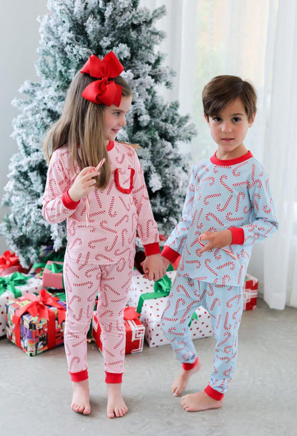 Blue And Red Candy Cane Knit Pajamas - Shipping Mid October  Monogram