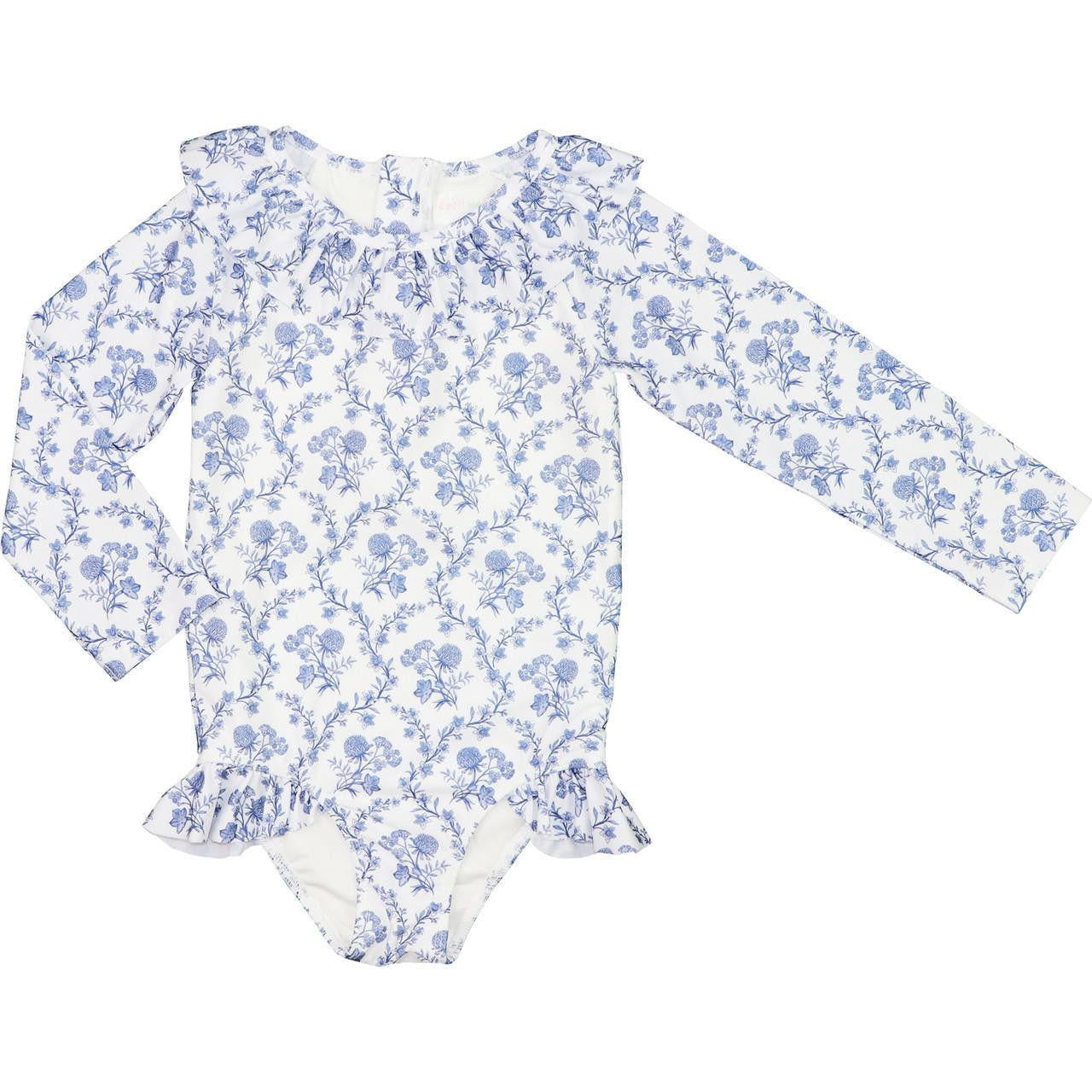 Blue And White Floral Lycra Rashguard Swimsuit  Smocked Threads