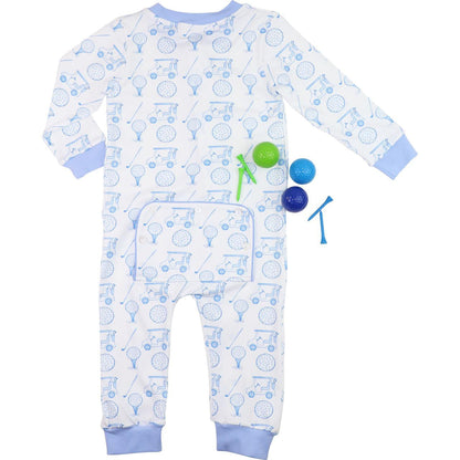 Blue And White Knit Golf Zipper Pajamas  Smocked Threads